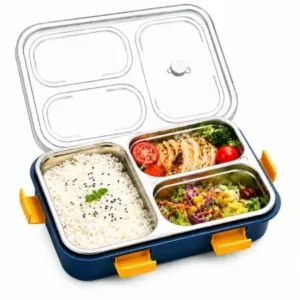 3 Compartment Stainless Steel Lunch Box – Leak-Resistant Food Storage Tiffin with Secure Locking Lid for School, Office & Travel ( multicolor, OS )